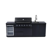 Load image into Gallery viewer, Castelle Flame 43-Inch 6-Burner 85K BTU Stainless Steel Outdoor BBQ Kitchen Island Grill With Wine Cooler, Rotisserie, And Sink (SAK19476)