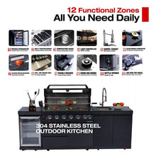Load image into Gallery viewer, Castelle Flame 43-Inch 6-Burner 85K BTU Stainless Steel Outdoor BBQ Kitchen Island Grill With Wine Cooler, Rotisserie, And Sink (SAK19476)