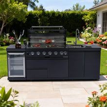 Load image into Gallery viewer, Castelle Flame 43-Inch 6-Burner 85K BTU Stainless Steel Outdoor BBQ Kitchen Island Grill With Wine Cooler, Rotisserie, And Sink (SAK19476)