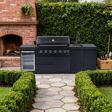 Load image into Gallery viewer, Castelle Flame 43-Inch 6-Burner 85K BTU Stainless Steel Outdoor BBQ Kitchen Island Grill With Wine Cooler, Rotisserie, And Sink (SAK19476)
