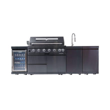 Load image into Gallery viewer, Castelle Flame 43-Inch 6-Burner 85K BTU Stainless Steel Outdoor BBQ Kitchen Island Grill With Wine Cooler, Rotisserie, And Sink (SAK19476)