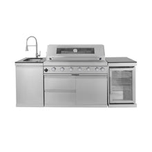 Load image into Gallery viewer, Castelle Flame 44-Inch 6-Burner 85K BTU Stainless Steel Outdoor BBQ Kitchen Island Grill With Wine Cooler, Rotisserie Kit, And Storage Cabinets (SAK97105)