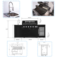Load image into Gallery viewer, Castelle Flame 85K BTU Outdoor BBQ Kitchen Grill Island With 43-Inch 6-Burner Grill, Wine Fridge, Rotisserie Kit, And Sink (SAK23864)