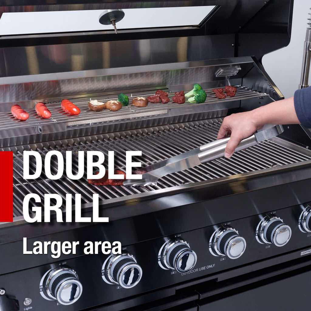 Castelle Flame 85K BTU Outdoor BBQ Kitchen Grill Island With 43-Inch 6-Burner Grill, Wine Fridge, Rotisserie Kit, And Sink (SAK23864)
