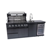 Load image into Gallery viewer, Castelle Flame 85K BTU Outdoor BBQ Kitchen Grill Island With 43-Inch 6-Burner Grill, Wine Fridge, Rotisserie Kit, And Sink (SAK23864)