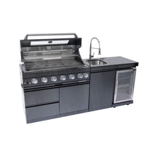 Load image into Gallery viewer, Castelle Flame 85K BTU Outdoor BBQ Kitchen Grill Island With 43-Inch 6-Burner Grill, Wine Fridge, Rotisserie Kit, And Sink (SAK23864)