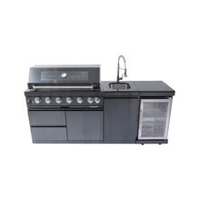 Load image into Gallery viewer, Castelle Flame 85K BTU Outdoor BBQ Kitchen Grill Island With 43-Inch 6-Burner Grill, Wine Fridge, Rotisserie Kit, And Sink (SAK23864)