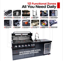Load image into Gallery viewer, Castelle Flame 85K BTU Outdoor BBQ Kitchen Grill Island With 43-Inch 6-Burner Grill, Wine Fridge, Rotisserie Kit, And Sink (SAK23864)
