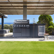 Load image into Gallery viewer, Castelle Flame 85K BTU Outdoor BBQ Kitchen Grill Island With 43-Inch 6-Burner Grill, Wine Fridge, Rotisserie Kit, And Sink (SAK23864)