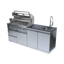 Load image into Gallery viewer, Castelle Flame Granite Outdoor BBQ Kitchen Island With 43-Inch 6-Burner Gas Grill, Rotisserie Kit, Cabinets, And Sink (SAK73518)