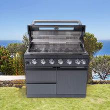 Load image into Gallery viewer, Castelle Flame Premium Black Stainless Steel 6-Burner Gas Grill Kitchen Island With Rotisserie Kit (SAK82641)