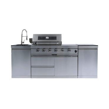Castelle Flame Stainless Steel Outdoor BBQ Kitchen Island With 46-Inch 4-Burner 85K BTU Grill, Rotisserie Kit, And Cabinets (SAK93192)