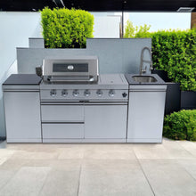 Load image into Gallery viewer, Castelle Flame Stainless Steel Outdoor BBQ Kitchen Island With 46-Inch 4-Burner 85K BTU Grill, Rotisserie Kit, And Cabinets (SAK93192)