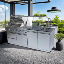 Load image into Gallery viewer, Castelle Flame Stainless Steel Outdoor BBQ Kitchen Island With 46-Inch 4-Burner 85K BTU Grill, Rotisserie Kit, And Cabinets (SAK93192)
