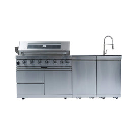 Castelle Flame Outdoor BBQ Kitchen Island With 43-Inch 6-Burner 85K BTU Propane Gas Grill, Rotisserie Kit, And Storage Cabinets (SAK95623)