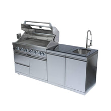 Load image into Gallery viewer, Castelle Flame Outdoor BBQ Kitchen Island With 43-Inch 6-Burner 85K BTU Propane Gas Grill, Rotisserie Kit, And Storage Cabinets (SAK95623)