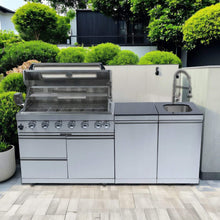 Load image into Gallery viewer, Castelle Flame Outdoor BBQ Kitchen Island With 43-Inch 6-Burner 85K BTU Propane Gas Grill, Rotisserie Kit, And Storage Cabinets (SAK95623)